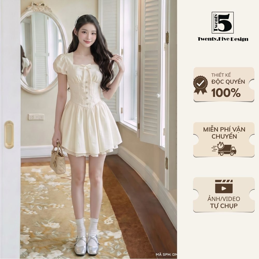Đầm xòe ngắn tay cổ vuông tay bồng phối ren nữ tính mặc đi chơi đi tiệc - Twentyfive Design DM75