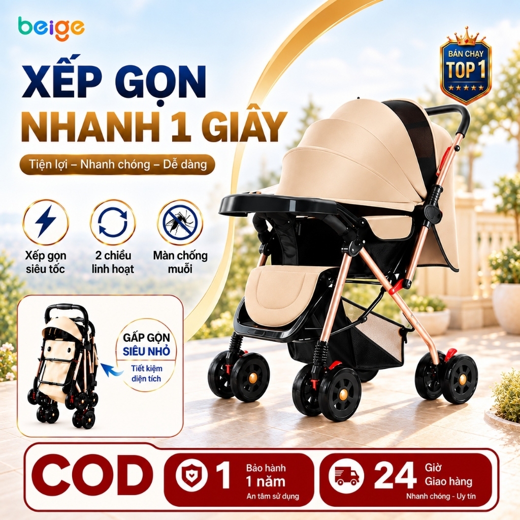 Xe Đẩy Em Bé Beige Gấp Gọn, Ngồi Nằm Linh Hoạt Cho Bé Sơ Sinh, Khung Chắc Chắn Chịu Tải Tốt, Tiện Ma