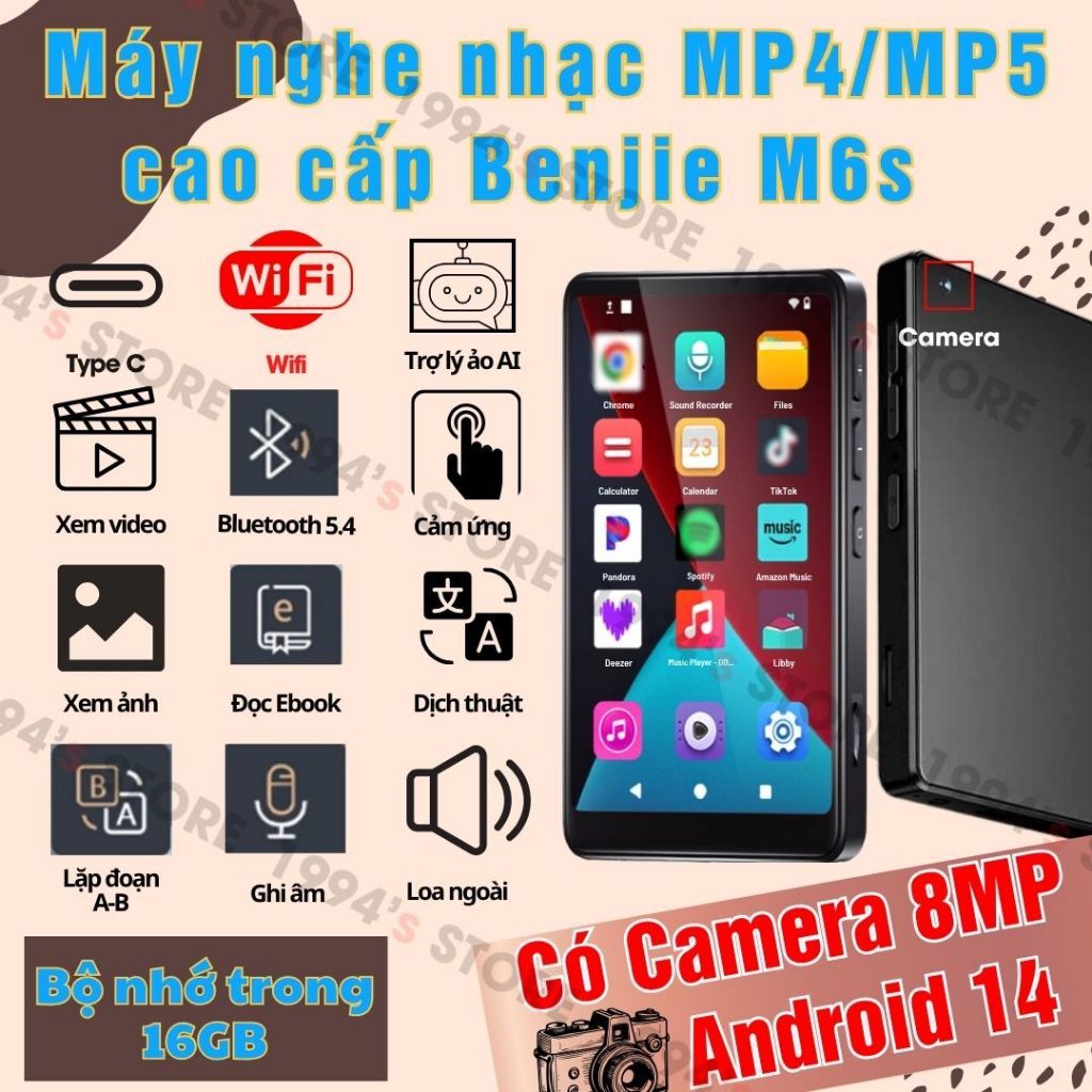 Benjie M6s - Máy Nghe Nhạc Android 14 MP4/MP5 - Bộ nhớ trong 16Gb - CÓ Camera - CÓ WiFi/Bluetooth