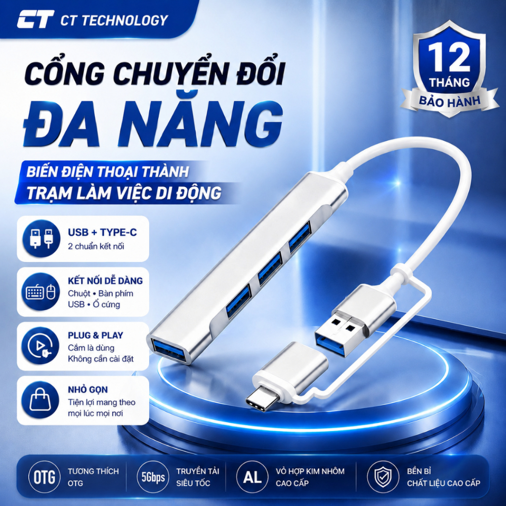 Bộ Hub Đa Năng 4 Cổng CTTech, Hub 2 Đầu USB+ Type C Nhỏ Gọn, Kết Nối Nhanh, Tốc Độ Đường Truyền Ổn Đ