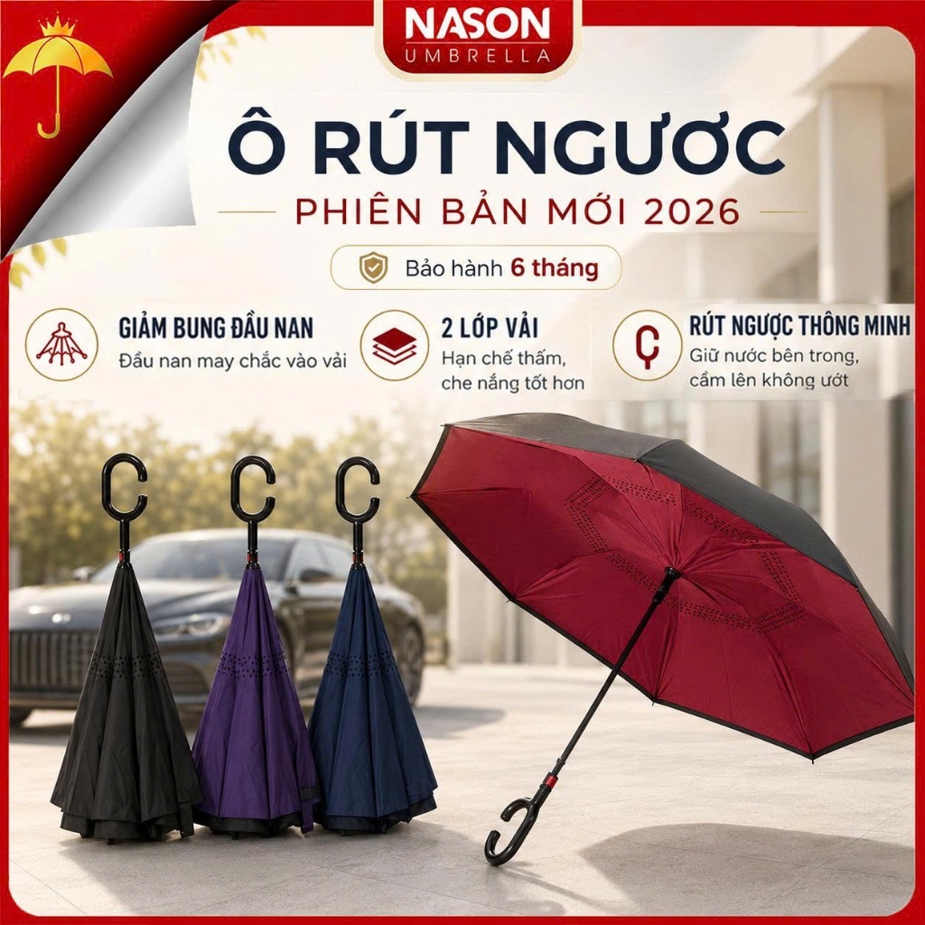 Ô Dù Che Mưa Rút Ngược Nason FlipBrella Dành Cho Ô Tô Thiết Kế 2 Lớp Vải Cán Móc Treo Chữ C Tiện Lợi