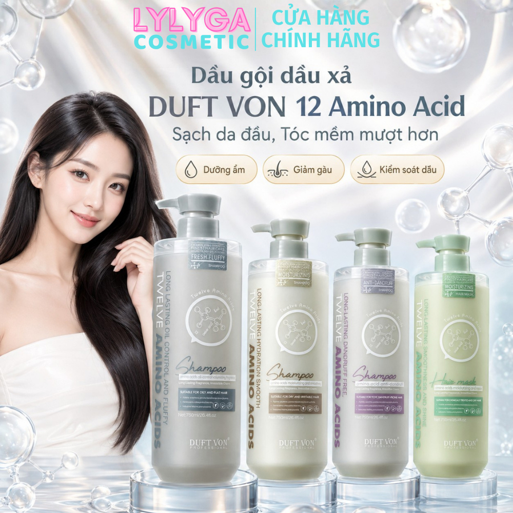 Dầu gội dầu xả phục hồi tóc hư tổn Duft Von 750ml 12 Amino Acid kiểm soát dầu giảm gàu dưỡng ẩm chăm sóc tóc toàn diện