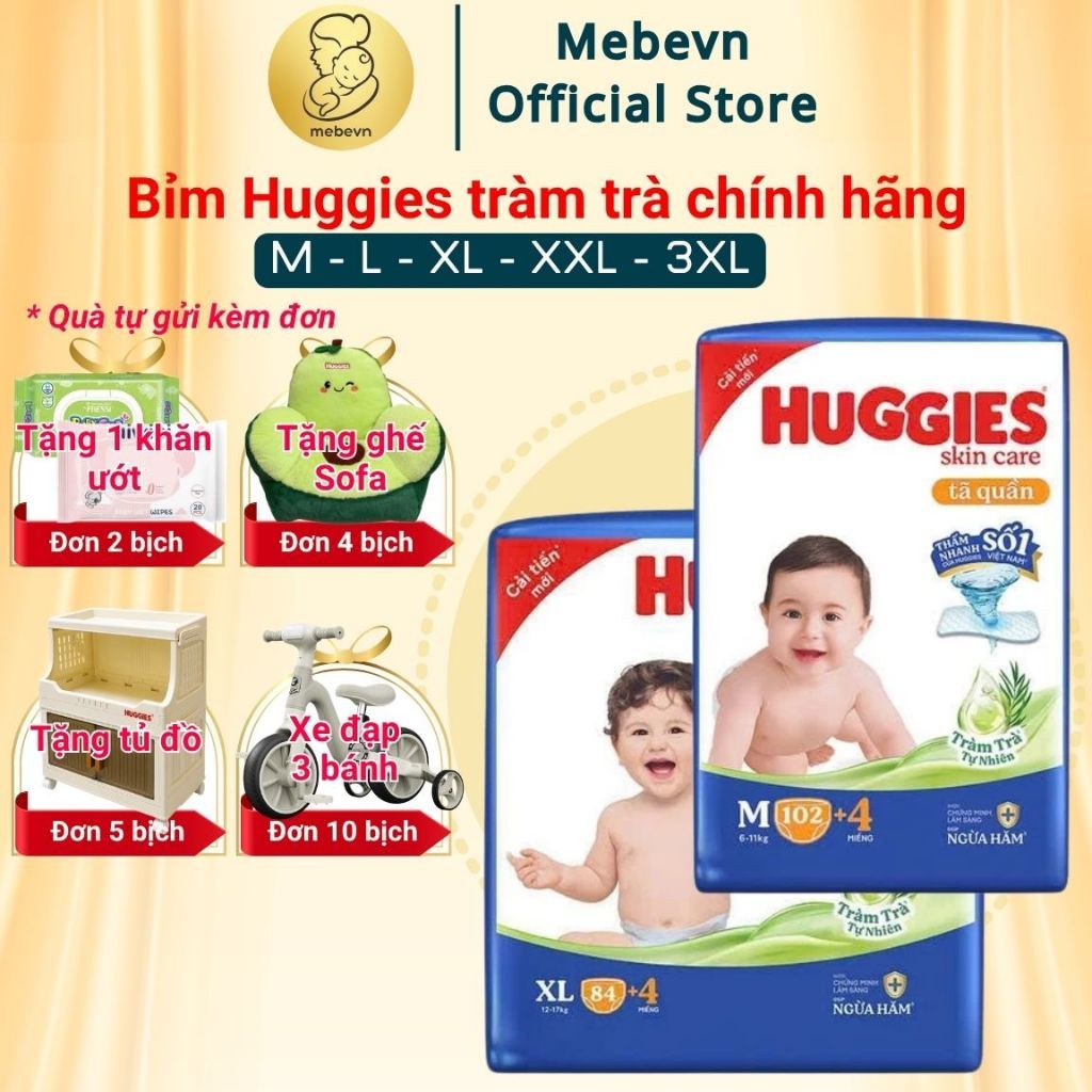 Bỉm Huggies Tràm Trà Chính Hãng, Huggies tràm trà siêu nhiều miếng đủ size M/L/XL/XL/XXL/XXXL