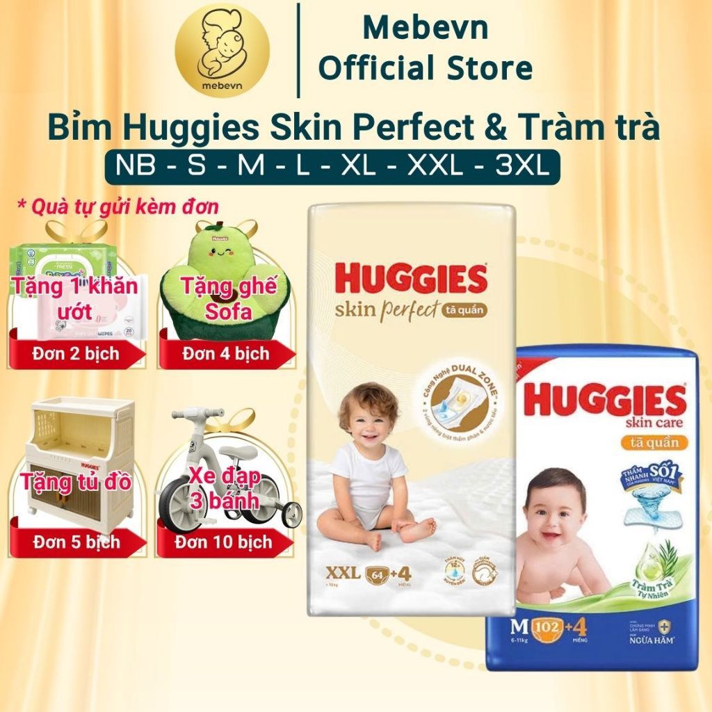 Bỉm Huggies Skin Perfect & Huggies Tràm Trà Chính Hãng, bỉm Huggies đủ size NB/S/M/L/XL/XXL/XXXL