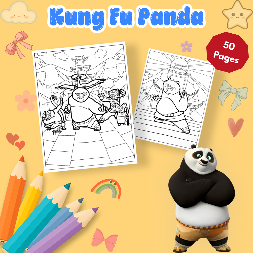 Bộ 50/25 tờ tranh tô màu, tranh tập tô cho bé hình phim Gấu mập học võ Kung Fu Panda giấy A4, A5 M05
