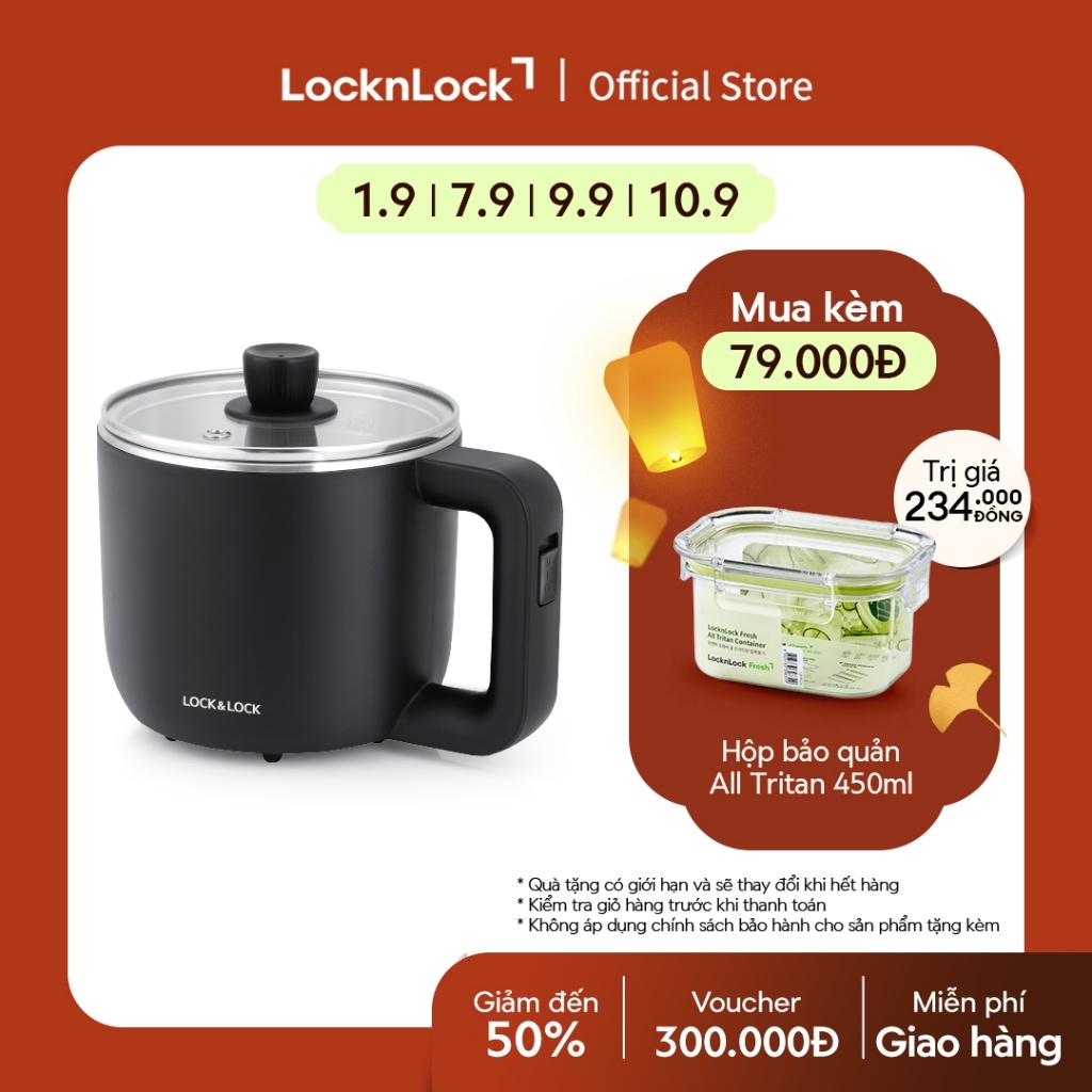 Nồi điện đa năng Lock&Lock 0.8L, 220V, 50Hz, 600W - màu đen - EJP116BLK