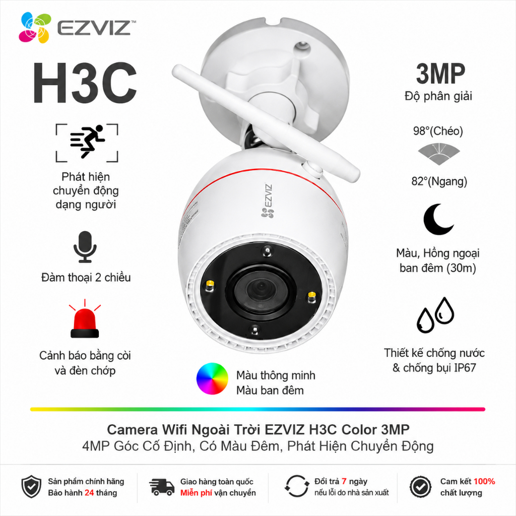 Camera Wifi Ngoài Trời EZVIZ H3C Color 3MP, 4MP Góc Cố Định, Có Màu Đêm, Phát Hiện Chuyển Động