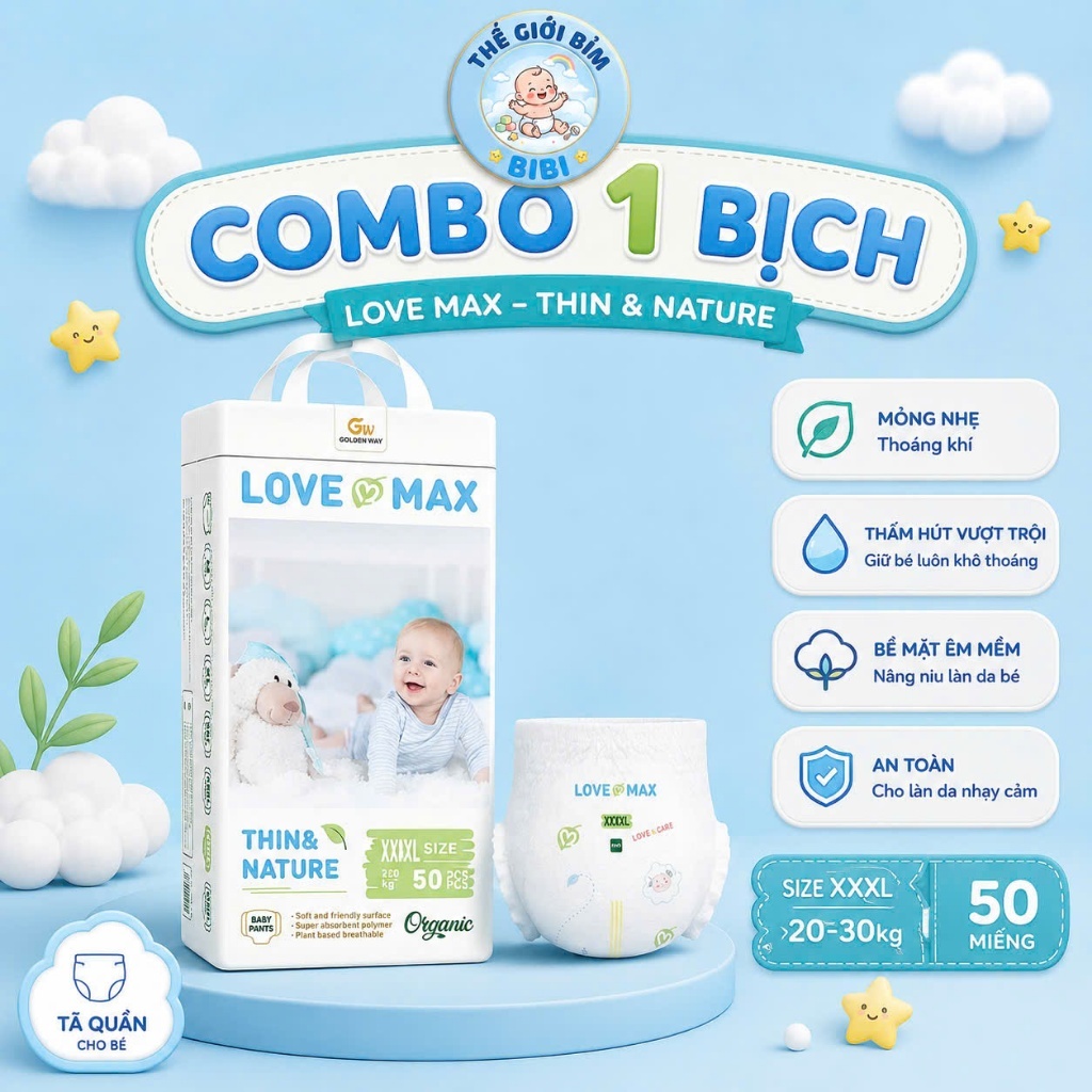1B Tã/ bỉm quần Love Max siêu mềm mỏng, thấm hút tốt, bịch 50m size NB- 5Xl