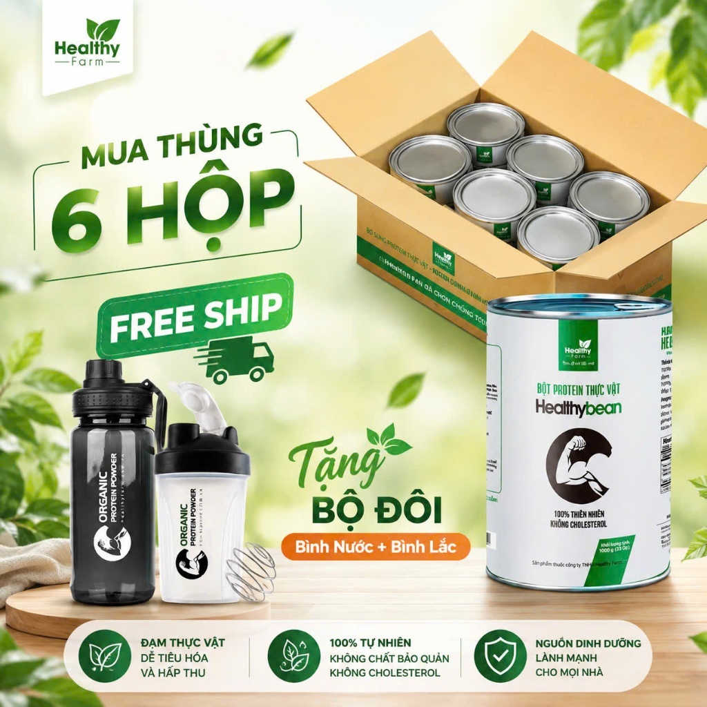 6 Hộp Bột Protein Healthy Bean hỗ trợ Tăng Cân -Tăng Cơ + Tặng (1 Bình Lắc và 1 Bình Nước)