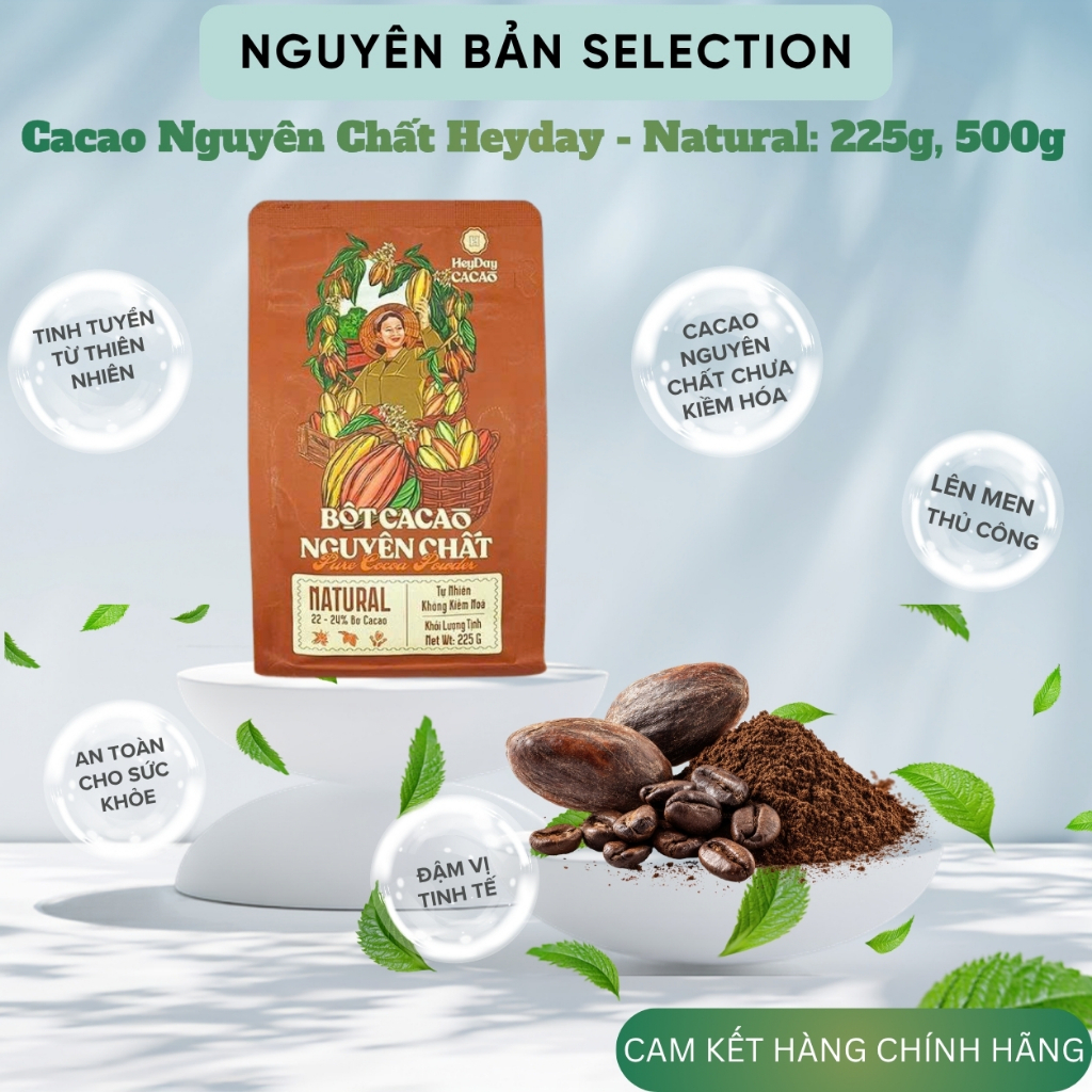 Bột Cacao Heyday Nguyên Chất Không Đường - Dòng Natural Chưa Kiềm Hóa (Túi 225g, 500g)