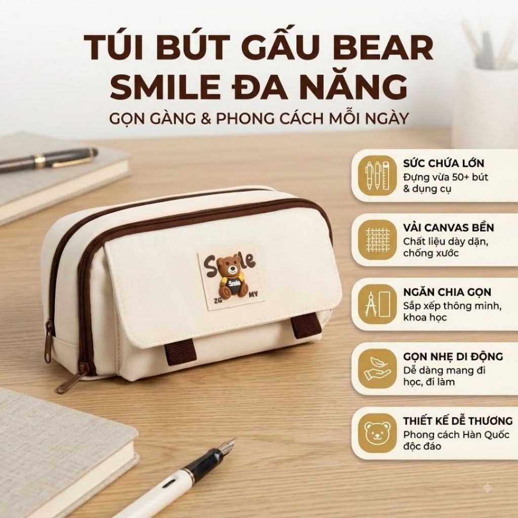 Túi Đựng Bút Gấu Bear Smile Vải Canvas Sức Chứa Lớn Đựng 50+ Bút Nhiều Ngăn Hàn Quốc Cute Cho Học Si