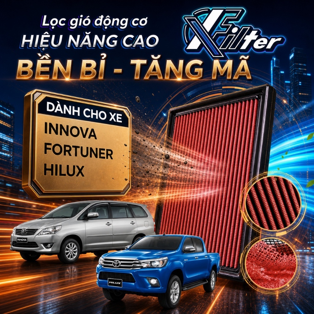 Lọc gió động cơ Toyota Innova, Fortuner, Hilux -Lọc gió máy ô tô Xfilter hiệu năng cao, tăng gió nạp