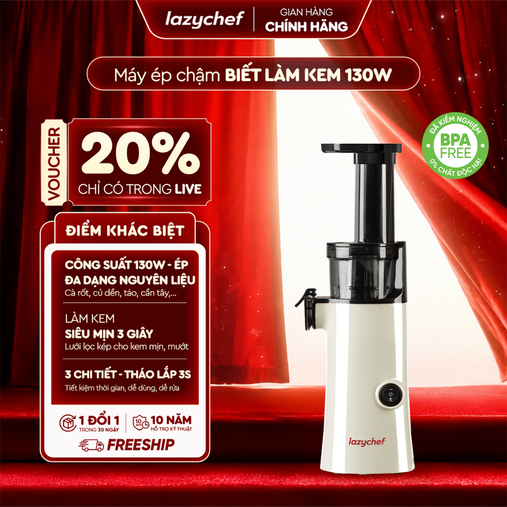 [VHL x Lazychef] Máy Ép Chậm Lazychef Mini 130W – Ép Trái Cây, Làm Kem Hoa Quả, Nhỏ Gọn, Dễ Vệ Sinh 