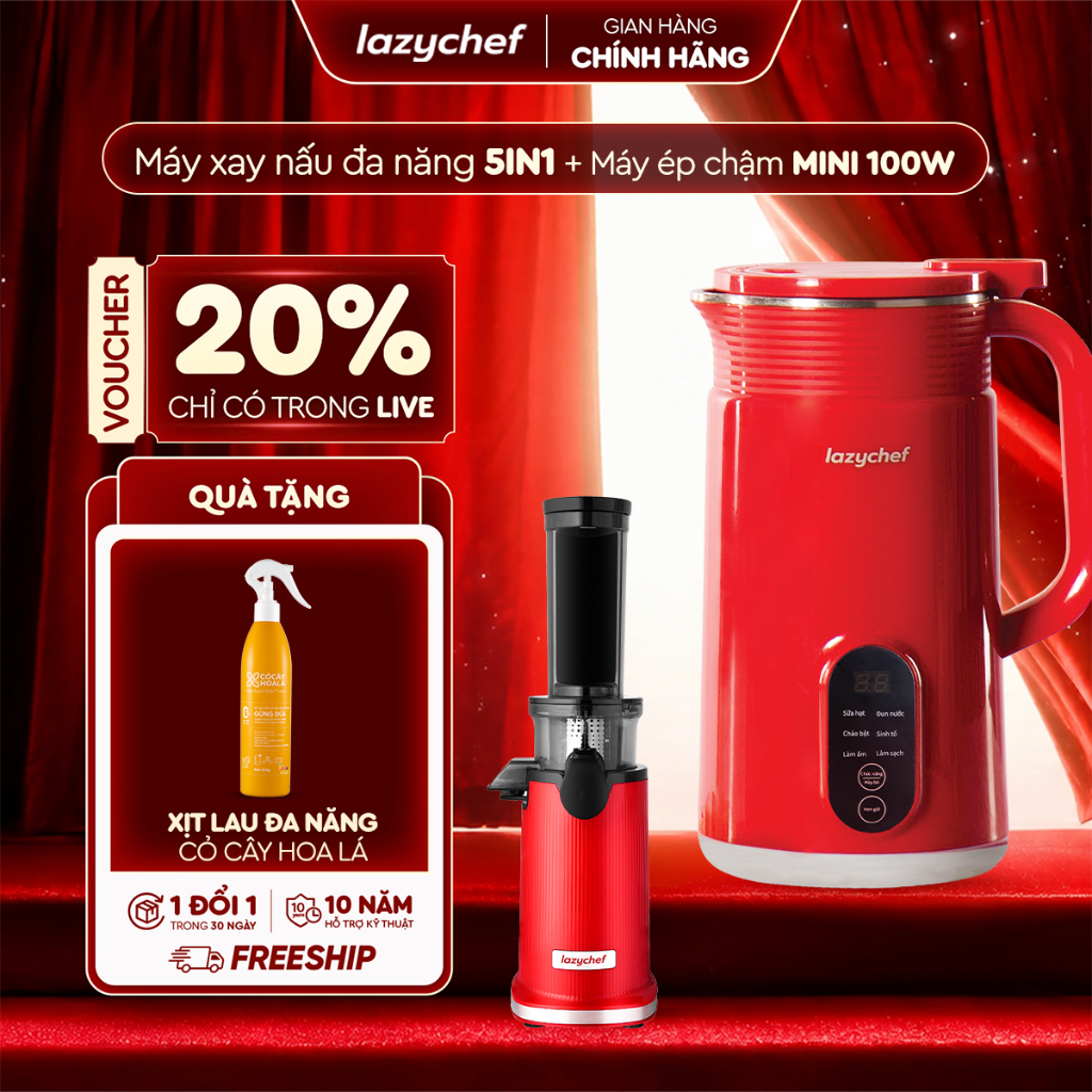 [Combo Ăn Lành] Máy làm sữa hạt 5in1 nắp inox Lazychef và máy ép chậm mini 3S Lazychef