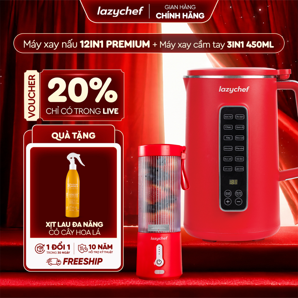 [Combo tiết kiệm] Máy Làm Sữa Hạt Lazychef Premium Max 12in1 1200ml và Máy Xay Sinh Tố Cầm Tay Lazyc
