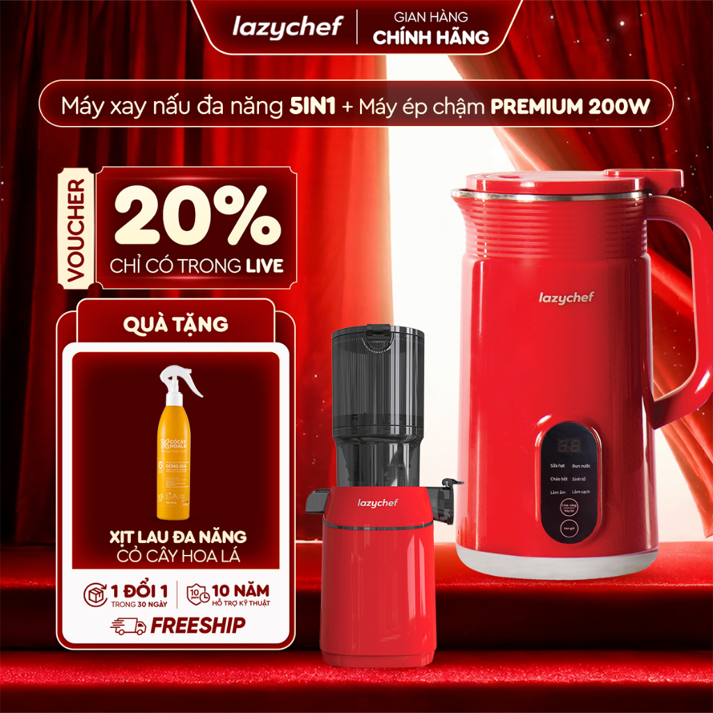 [Combo Quốc Dân] Máy Làm Sữa Hạt 5in1 Lazychef và Máy Ép Chậm Nguyên Quả 3S Lazychef Dòng Premium