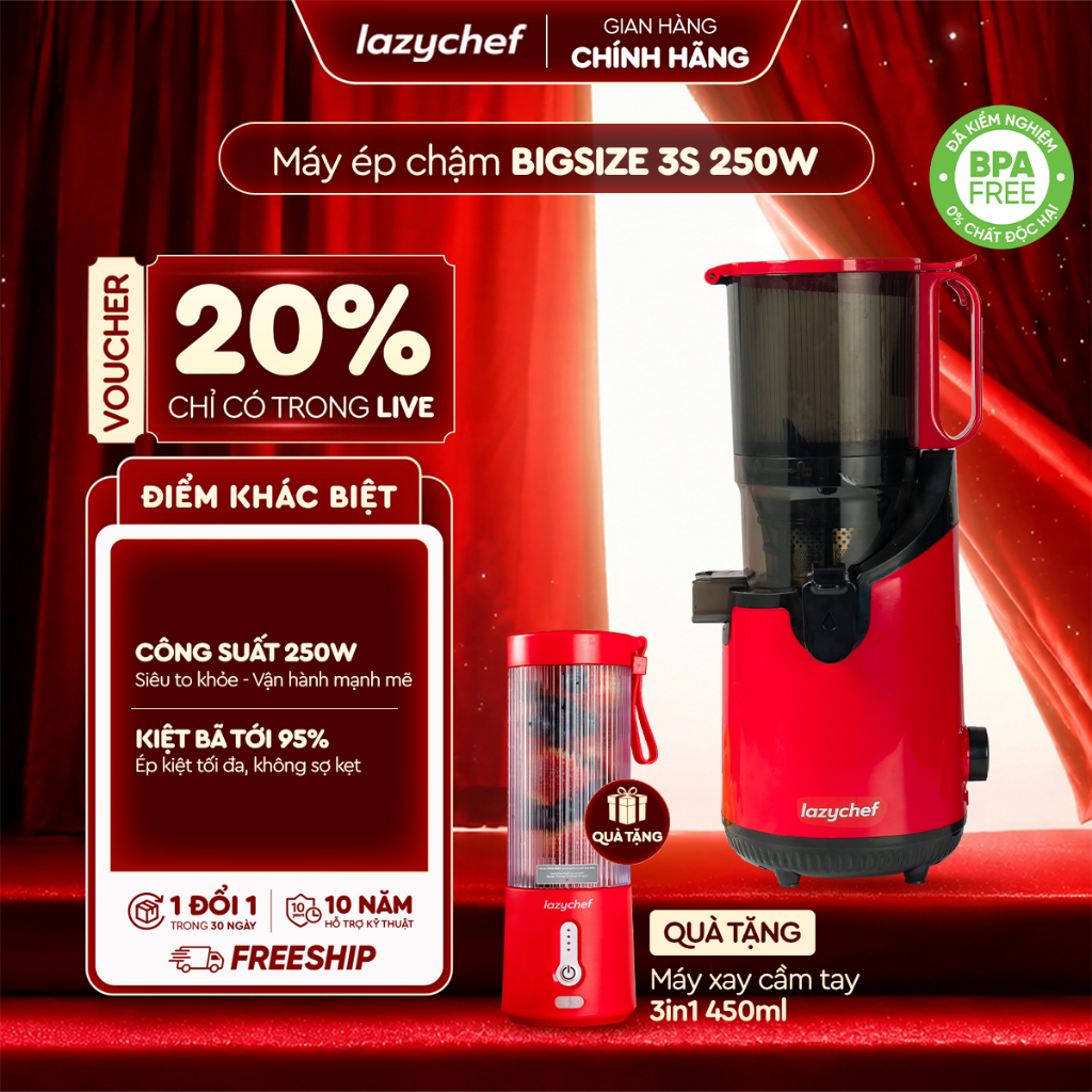 [VHL x Lazychef] Máy Ép Chậm Nguyên Quả 3S Lazychef Bigsize 250W – Ép Trái Cây, Rau Củ, Tháo Lắp 3s