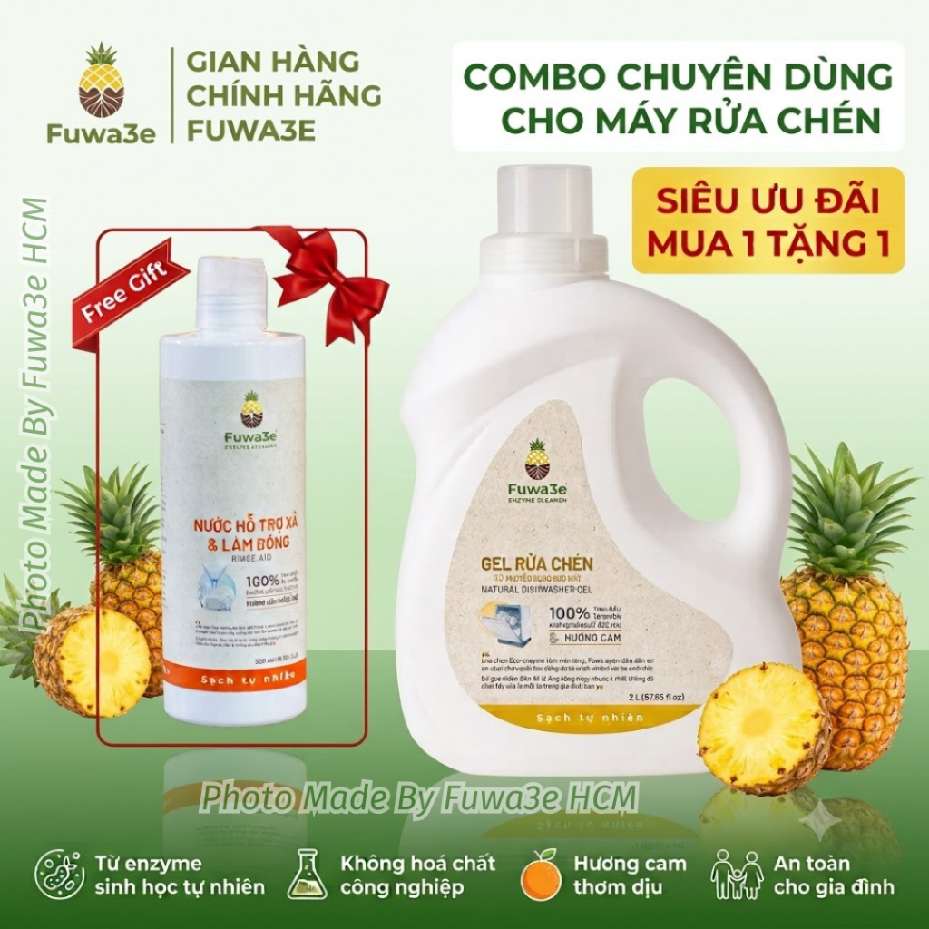 [Combo Fuwa3e chuyên dùng cho Máy Rửa Chén Bát] Gel Rửa chén sinh học Fuwa3e + Nước xả và làm bóng