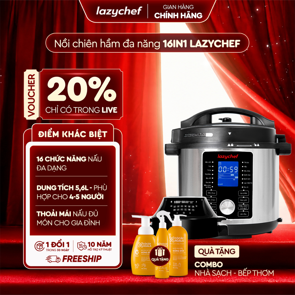 Nồi Áp Suất Điện Đa Năng Lazychef 5.6L Kiêm Nồi Chiên Không Dầu Lazychef 16IN1 - Bảo Hành 24 Tháng