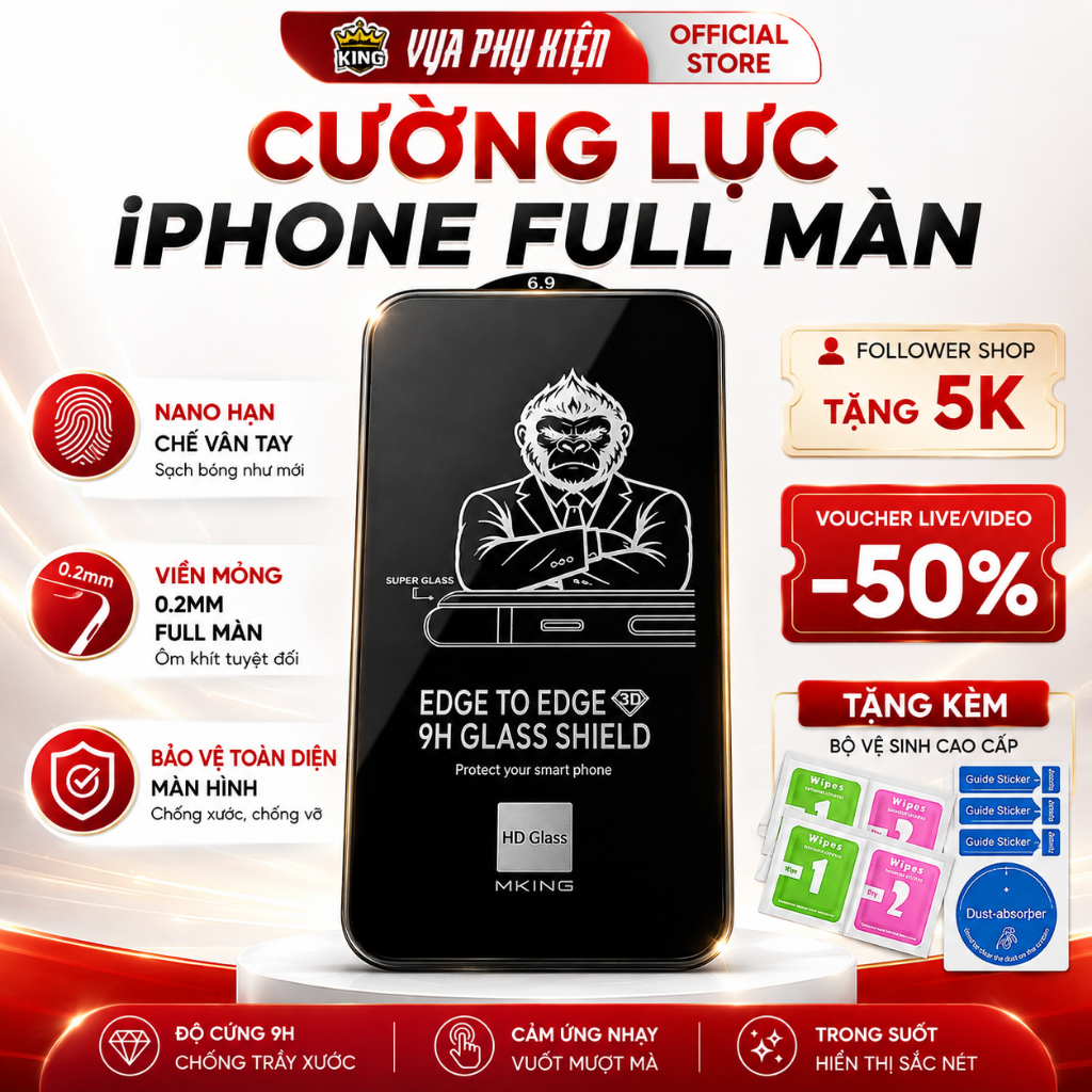 Kính cường lực iphone MKING bảo vệ Full Màn 7plus/8/8plus/x/xs/xs max/12 pro/11 13 14 15 16 promax air 17PROMAX