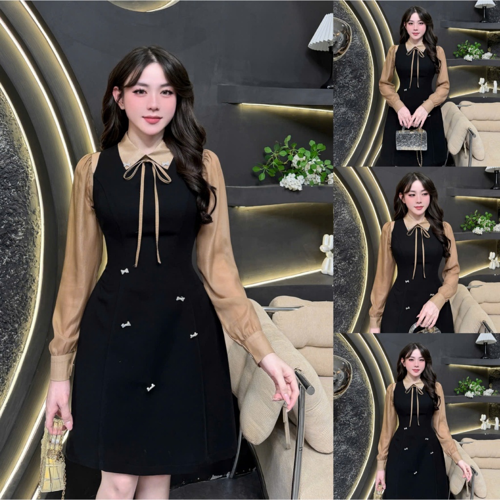 2HS195 - Váy Thiết Kế Eviici dành cho nữ,thiết kế cổ bẻ phối tơ dài tay (tặng kèm 7 nơ cài) dáng A n
