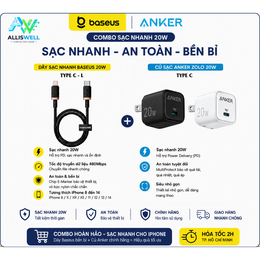 COMBO SẠC NHANH 20W CAO CẤP / Củ sạc Anker Zolo 20W + Dây Baseus Dura Series C to L 20W 1M / Tương T