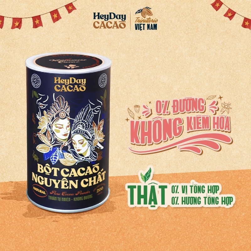 Lon 200g - Bột Cacao Nguyên Chất Việt Nam 100% dòng Natural - Thuần tự nhiên, Không đường - Heyday