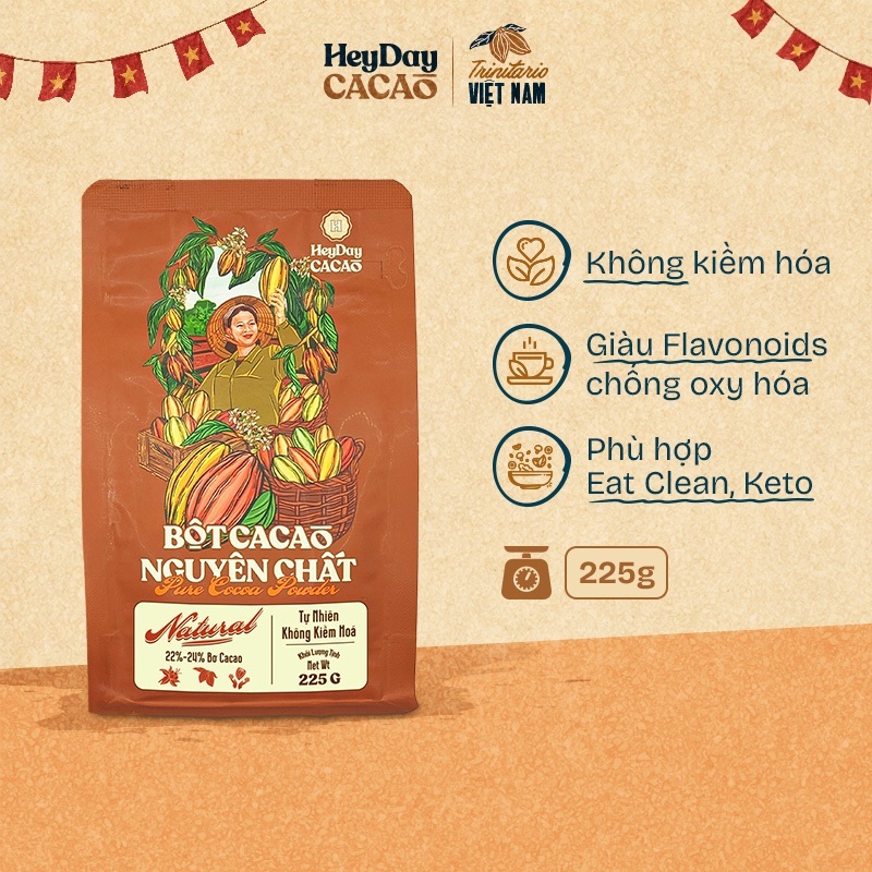 Bột cacao nguyên chất 100% không đường - Dòng Natural thuần tự nhiên, không kiềm hoá - Túi zip 225g 
