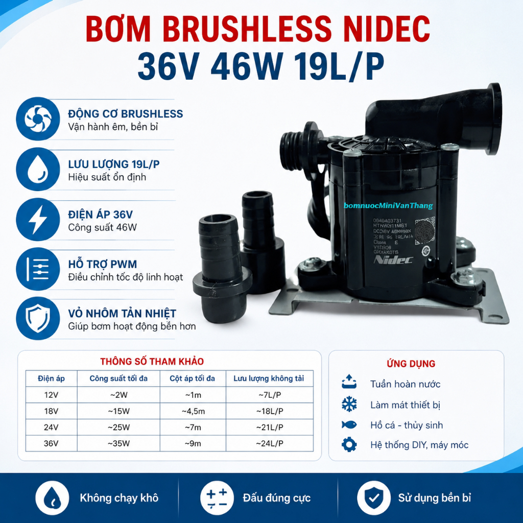 Bơm Brushless NIDEC  36V 46W 19L/P, Bơm Brushless NIDEC 12V-36V 35W 24L_P