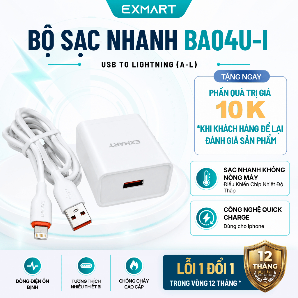 Bộ Sạc EXMART BA04U-I Usb sang Lightning - Bảo Hành 12 Tháng - Sạc cho Iphone - Không Nóng Máy