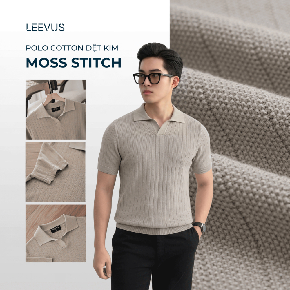 [MẪU MỚI] Áo Polo nam DỆT KIM MOSS STITCH, thiết kế V-neck - kiểu dệt hạt gạo LEEVUS APL355
