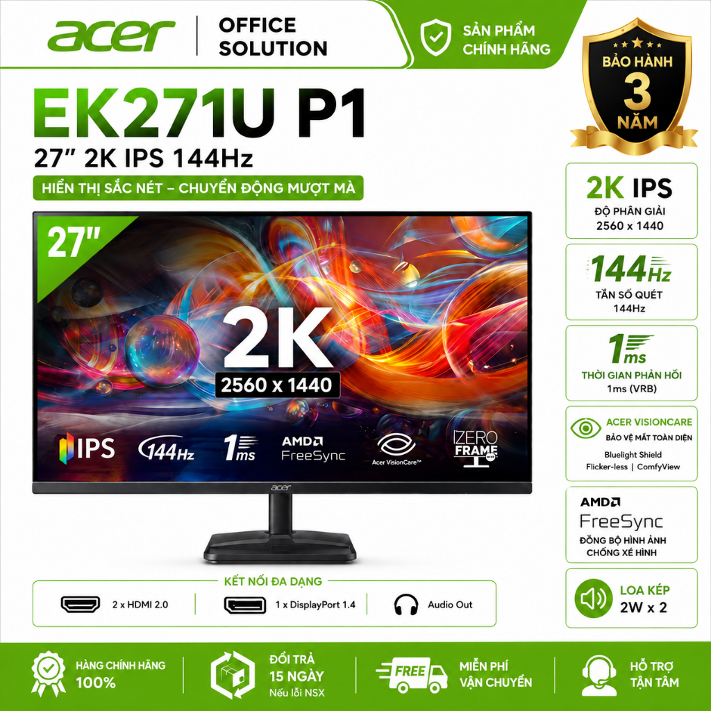 Màn Hình Acer EK271U P1 27 inch IPS 2K 100Hz 1ms – Visioncare, Viền Mỏng, HDMI Loa tích hợp - Bảo Hà