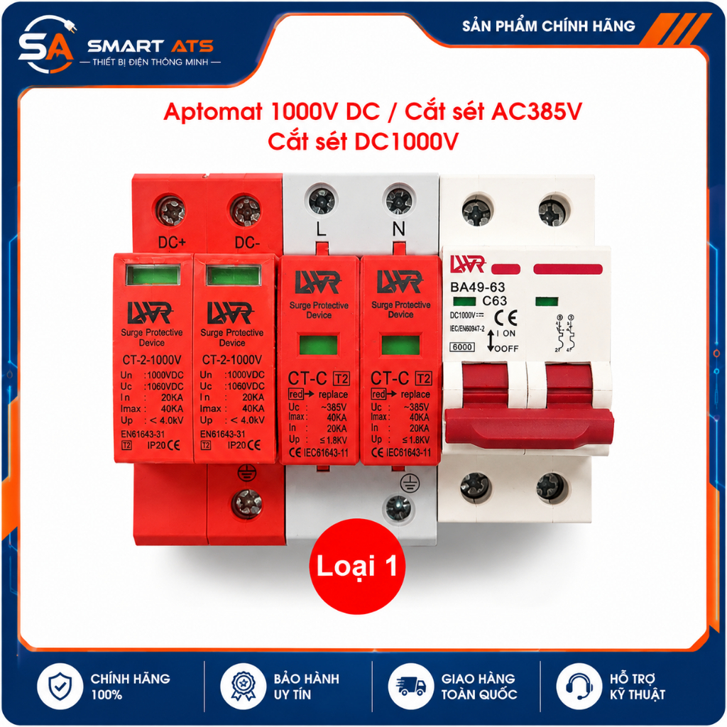 TÙY CHỌN: CHỐNG SÉT lan truyền DC 1000V 2P 40KA LWR VÀ APTOMAT DC 1000V LWR- CẮT SÉT DC 1000V, ÁT 1 