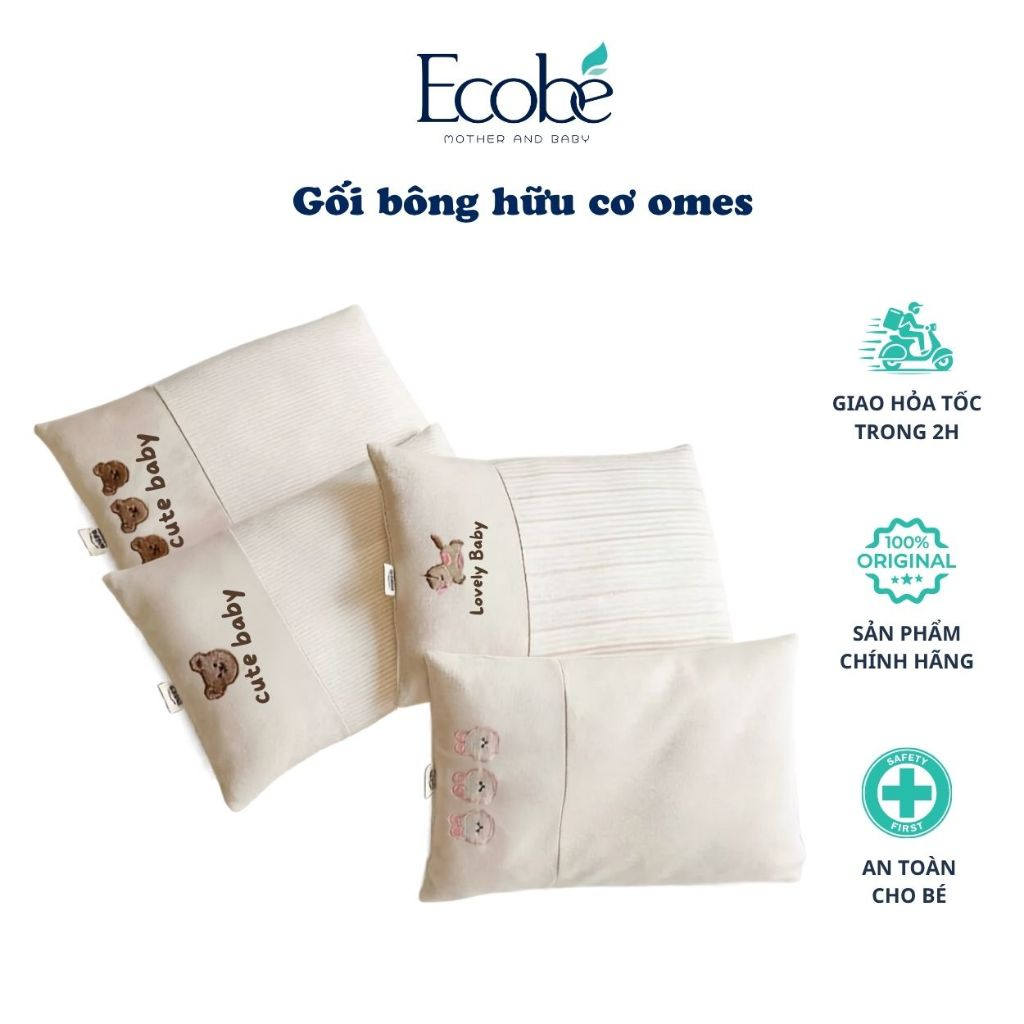 Gối Bông Hữu Cơ OME'S Vải Cotton Ruột Bông Có Thể Tháo Vỏ Êm, Mềm Và Thoáng Cho Bé Babico