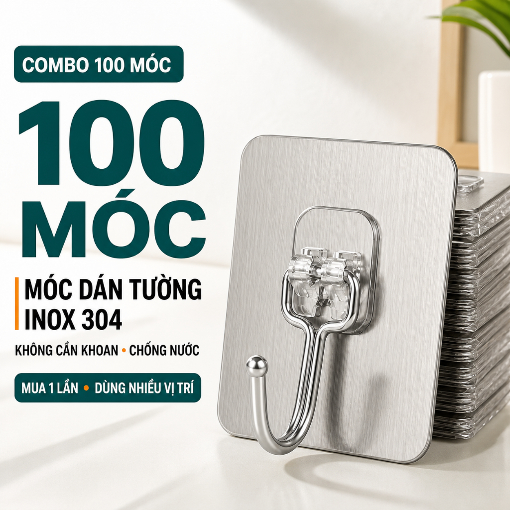 Combo 100 Móc Dán Tường  -  Móc Dán Tường Siêu Dính Chịu Lực