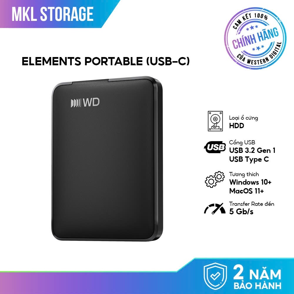 [NEW] Ổ cứng di động HDD Western Digital WD Elements Portable USB-C tương thích Windows/Mac BH chính