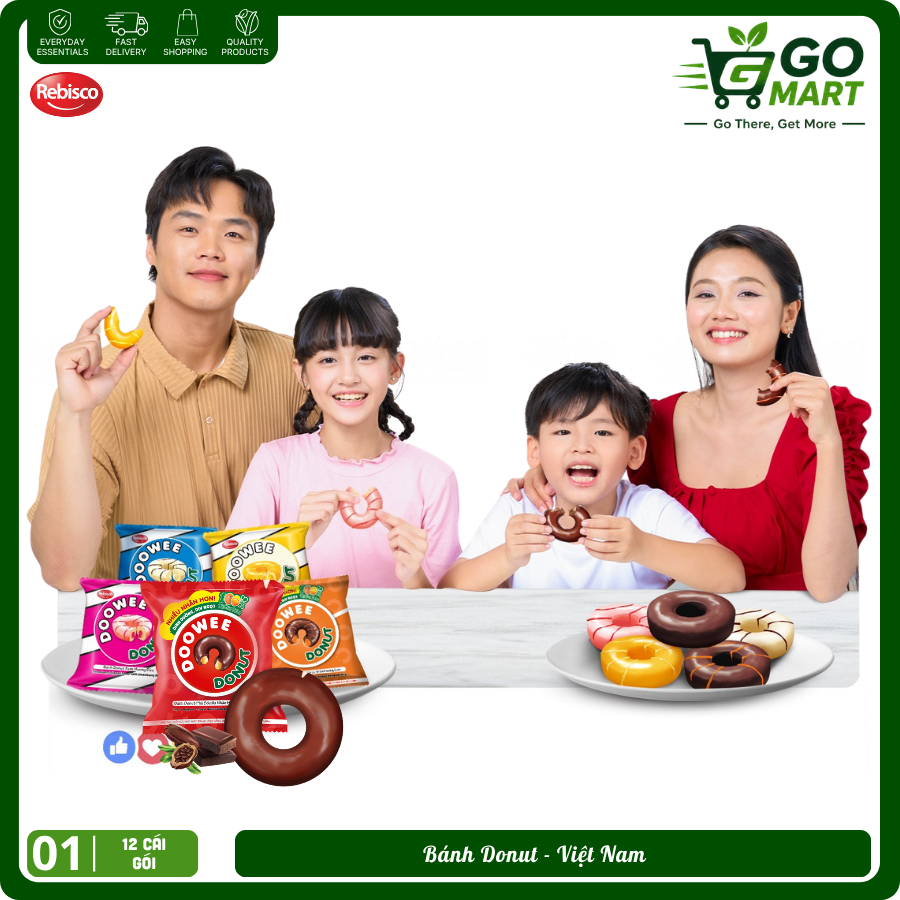 [HSD mới] Bánh Donut DOWEE Rebisco Đủ vị_12 cái/ túi 360gr_Gomart