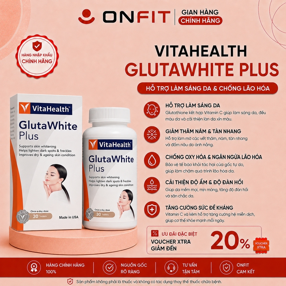 Viên Uống Sáng Da VitaHealth Glutawhite Plus (30 Viên) Bổ Sung L-Glutathione, Vitamin C, Astaxanthin