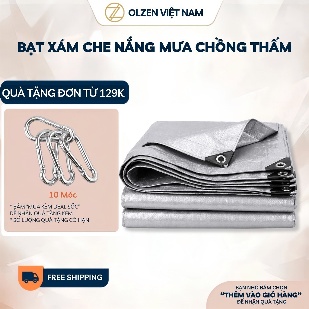 Bạt xám phủ Nano nhôm OLZEN Bạt che nắng mưa dẻo dai, chống thấm nước may viền gia cố có khoen sẵn
