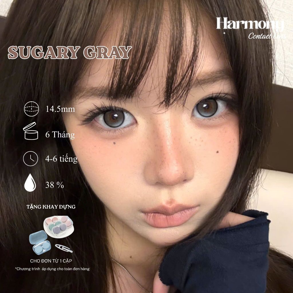 Kính áp tròng - lens xám có viền 6 THÁNG HARMONY SUGARY GRAY DIA 14.5mm có độ