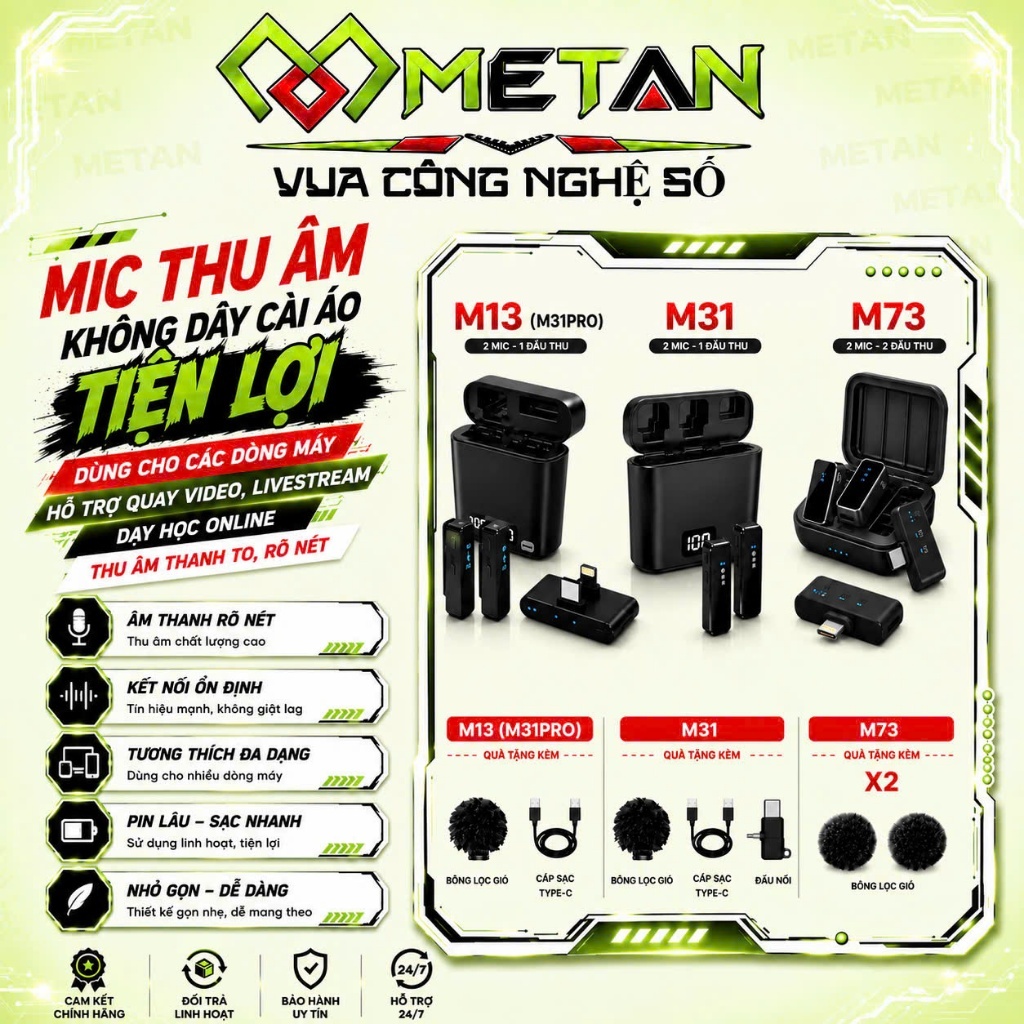 Mic Thu Âm Không Dây METAN M13(M31Pro) Mic M31 Chống Ồn AI Mic thu âm Cài Áo Livestream Quay Video