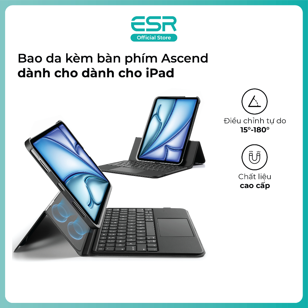 Bao da kèm bàn phím ESR Ascend bảo vệ toàn diện dành cho iPd Air/Pro 2024/2025 màu đen