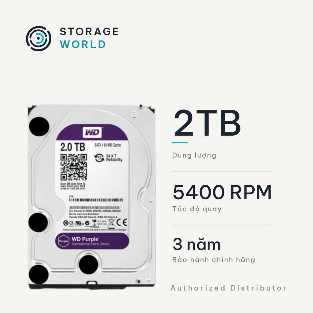 Ổ Cứng Gắn Trong HDD WD Purple (1TB/2TB/3TB) 3.5 Inch SATA III Ổ Cứng Camera Giám Sát 24/7 (WD11PURZ