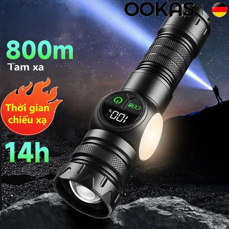 OOKAS Đèn Pin Siêu Sáng, Pin Bền 14H, Màn Hình Số Hiển Thị % Pin, mất điện khẩn cấp
