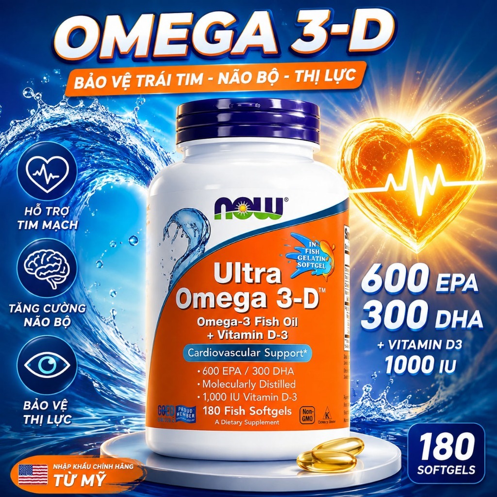 NOW Ultra Omega 3-D 180v Mỹ - Công thức 600/300/D3 - Hỗ trợ trí nhớ và sức khỏe tim mạch
