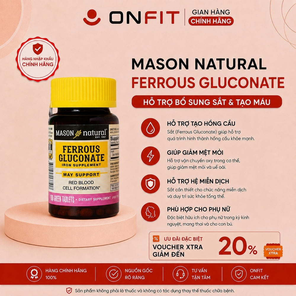 Viên Uống Bổ Sung Sắt Hữu Cơ Mason Natural Ferrous Gluconate (50 & 100 Viên) Giảm Nguy Cơ Thiếu Máu 