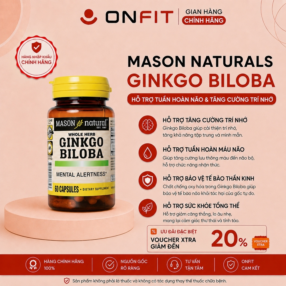 Viên Uống Tăng Cường Sức Khỏe Não Bộ Mason Natural Ginkgo Biloba (60 Viên) Chiết Xuất Tự Nhiên | ONF