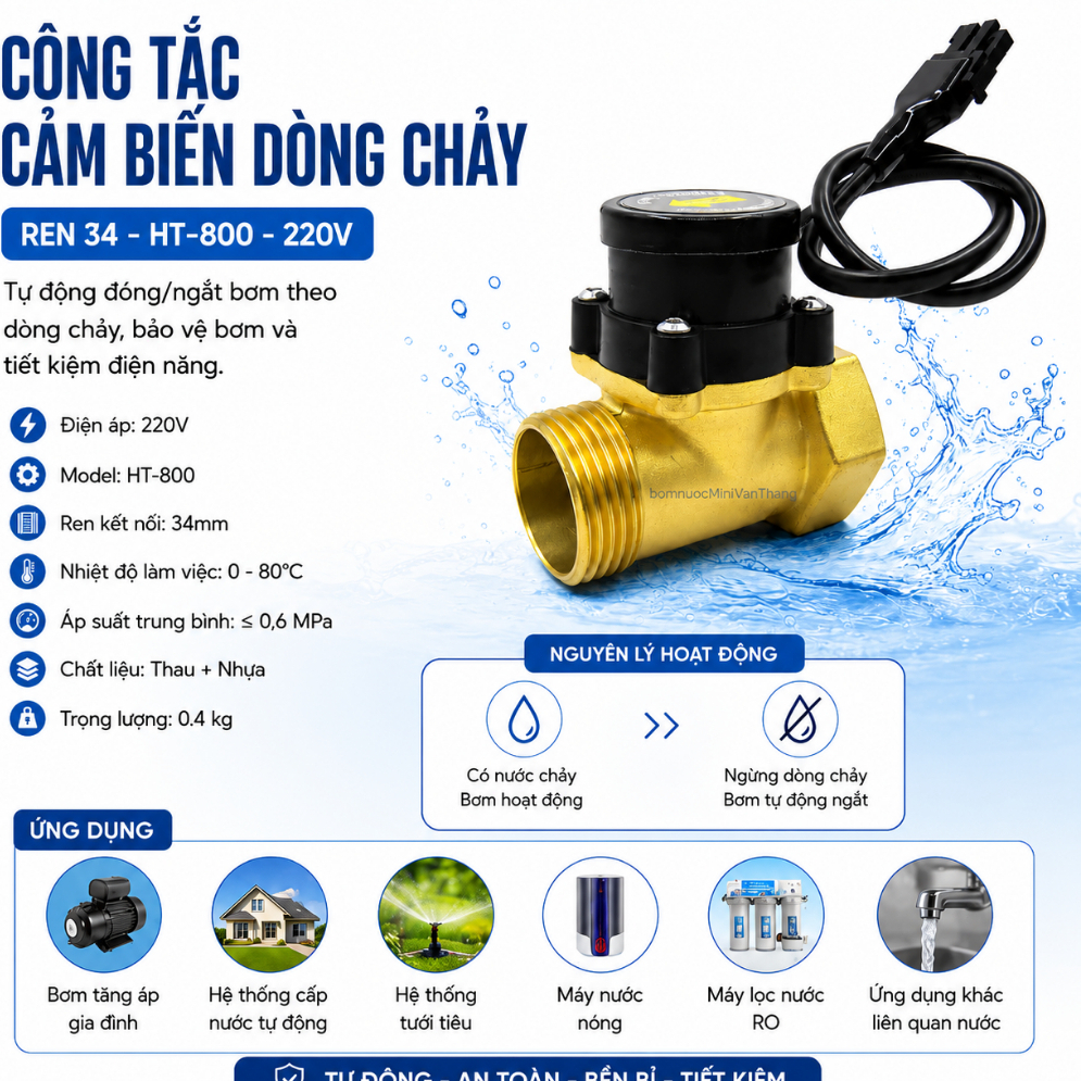 Công Tắc Van Cảm Biến Dòng Chảy Ren 34 HT-800 220V HT800
