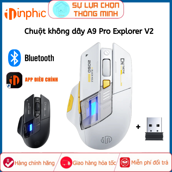 Chuột không dây gaming INPHIC A9 Pro Explorer V2 bluetooth wireless sạc pin cho laptop có app 1000hz