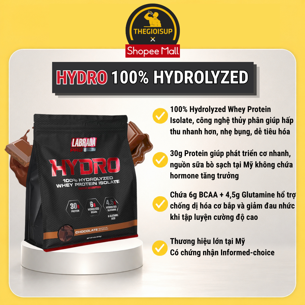Thực phẩm bổ sung Labrada HYDRO WHEY (1814g) - 100% Hydrolyzed Whey Protein Isolate